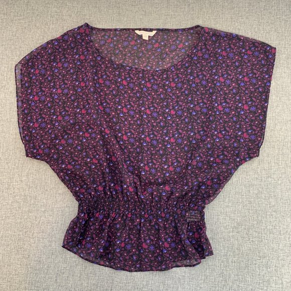 American Eagle Outfitters Purple Floral Blouse Cinched Waist Short Sleeve XS - Picture 1 of 11